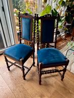 2 Antieke Gotisch Jagersstoelen Pauwblauw Fluweel 19e eeuw, Antiek en Kunst, Antiek | Meubels | Stoelen en Banken, Ophalen