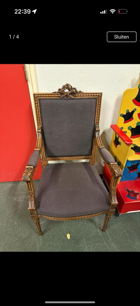 Antieke Stoel met Armleuningen Louis XVI Stijl, Huis en Inrichting, Stoelen, Gebruikt, Eén, Hout, Grijs, Ophalen
