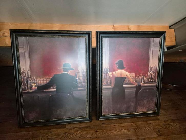 Schilderijen Set: Man & Vrouw aan de Bar, Antiek en Kunst, Kunst | Schilderijen | Klassiek, Ophalen of Verzenden