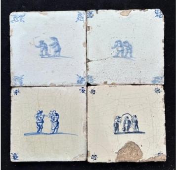 Fraai tableau van 4 antieke Delftse tegels met mensfiguren beschikbaar voor biedingen