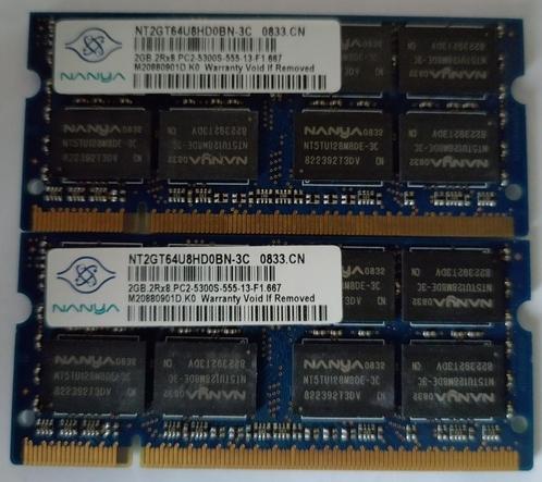 DDR2 2x 2GB PC2-5300S 667MHz Nanya Sodimm 0833 0833, Computers en Software, RAM geheugen, Gebruikt, Laptop, 4 GB, DDR2, Verzenden