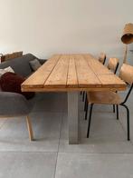 Houten tafel met rvs frame 230 x 87cm, Huis en Inrichting, Tafels | Eettafels, Gebruikt, Ophalen