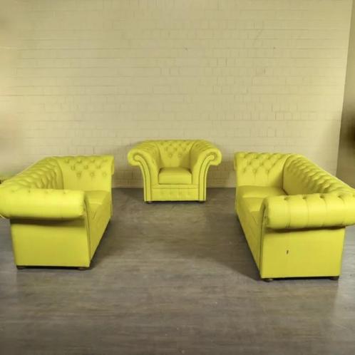 23693 Chesterfield Bankstel Geel 3-2-1 Leder, Huis en Inrichting, Banken | Complete zithoeken, Nieuw, Leer, Ophalen