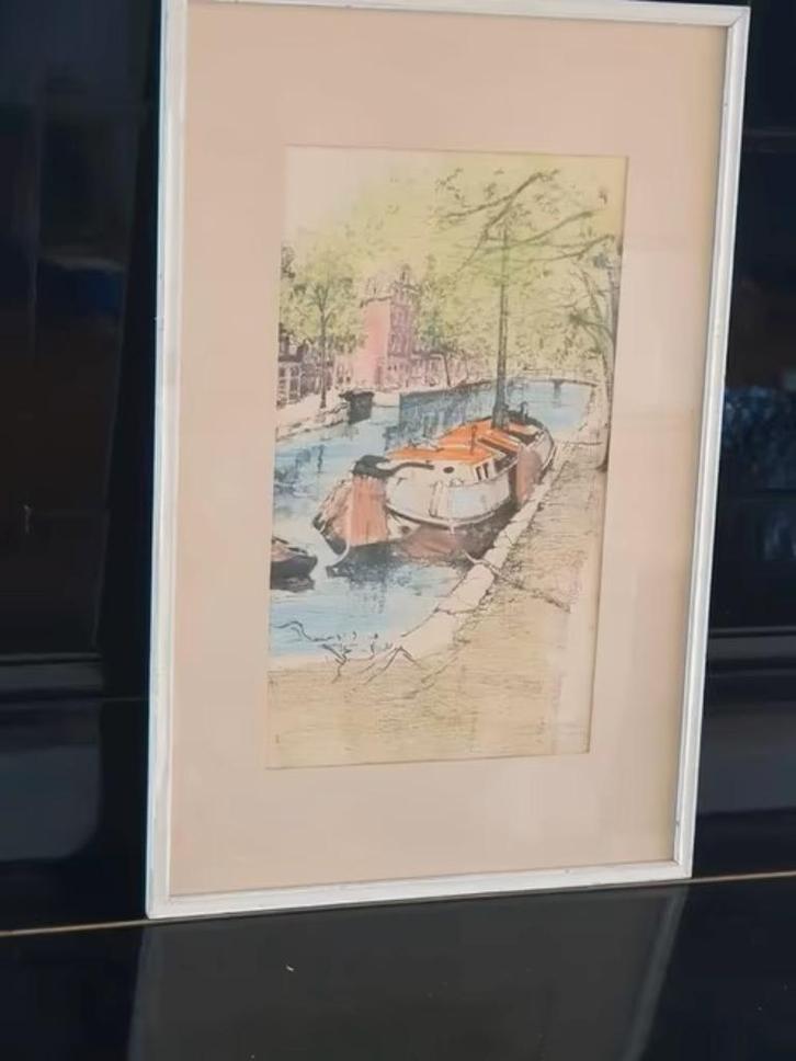 Inkt met aquarel Amsterdam gesigneerd met monogram MP ?., Antiek en Kunst, Kunst | Schilderijen | Klassiek, Ophalen