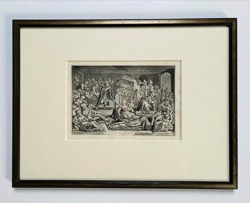 Oude kopergravure - A. de Haen - De pest in Leiden - 34 x 45, Antiek en Kunst, Kunst | Etsen en Gravures, Ophalen of Verzenden