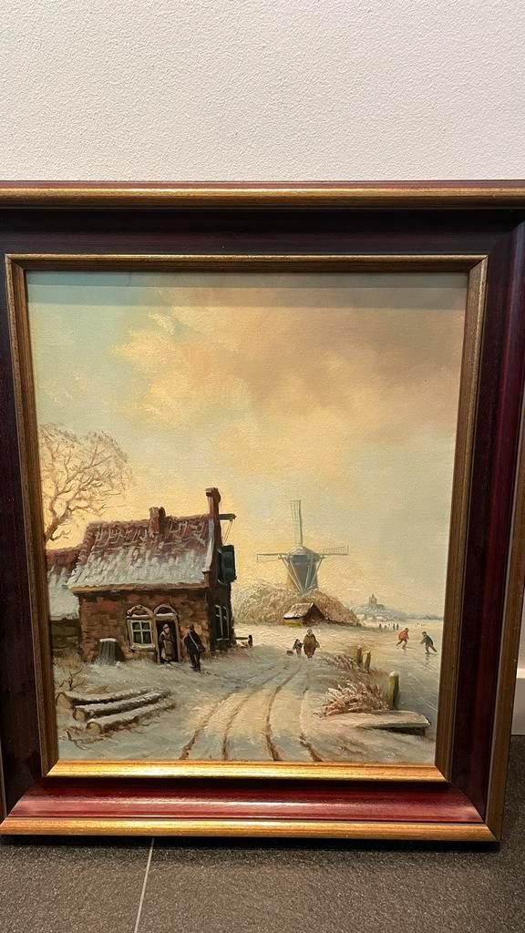 Olieverf Schilderij Winterlandschap met Molen, Antiek en Kunst, Kunst | Schilderijen | Klassiek, Ophalen of Verzenden