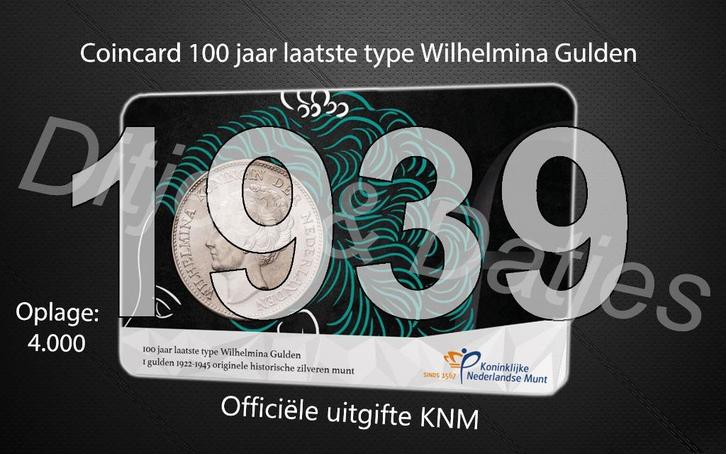 Laatste type Wilhelmina Gulden in coincard KNM 1939, Postzegels en Munten, Munten | Nederland, 1 gulden, Koningin Wilhelmina, Zilver