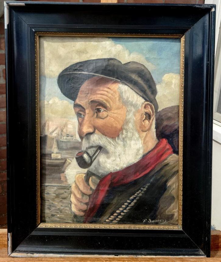 ~1930 Portret van een visserman, olieverf op doek, P Dankers, Antiek en Kunst, Kunst | Schilderijen | Klassiek, Ophalen of Verzenden