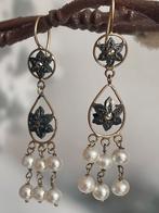 Antieke 14 k gouden oorhangers roosdiamanten en parels, Ophalen of Verzenden, Goud, Oorbellen