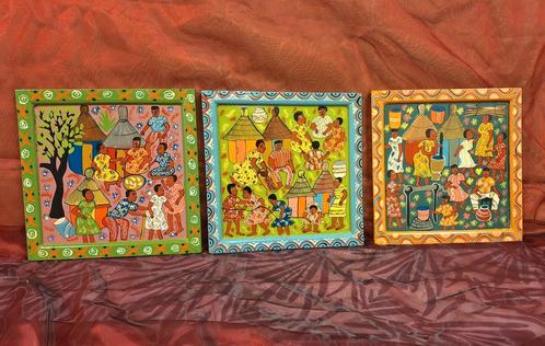Drie olieverf schilderijtjes op hout. Zimbabwe, Antiek en Kunst, Kunst | Niet-Westerse kunst, Ophalen of Verzenden
