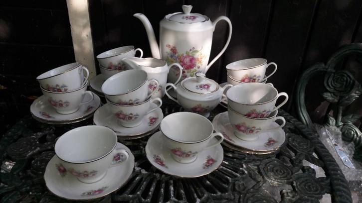 Koffieservies CMielow met groot bloemboeket - roze roos, Antiek en Kunst, Antiek | Servies compleet, Ophalen of Verzenden
