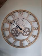 Klok met tandwielen goud / hout 80 cm, Ophalen, Zo goed als nieuw, Analoog, Wandklok