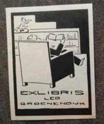 Exlibris Leo Groenendijk (lezende man, stoel, mythologie), Antiek en Kunst, Ophalen of Verzenden