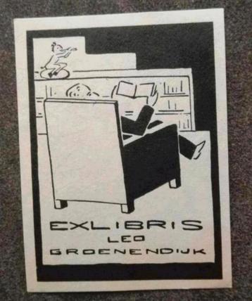 Exlibris Leo Groenendijk (lezende man, stoel, mythologie) beschikbaar voor biedingen