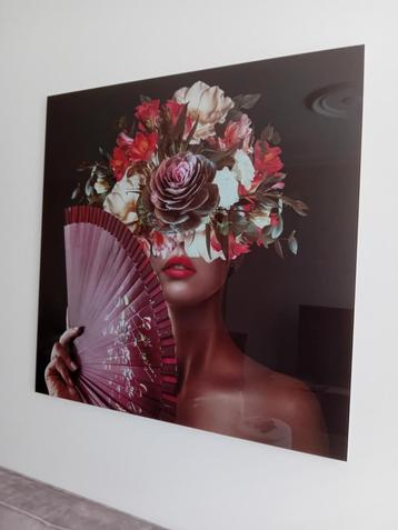 Glasschilderij Vrouw met Bloemen 100x100cm beschikbaar voor biedingen