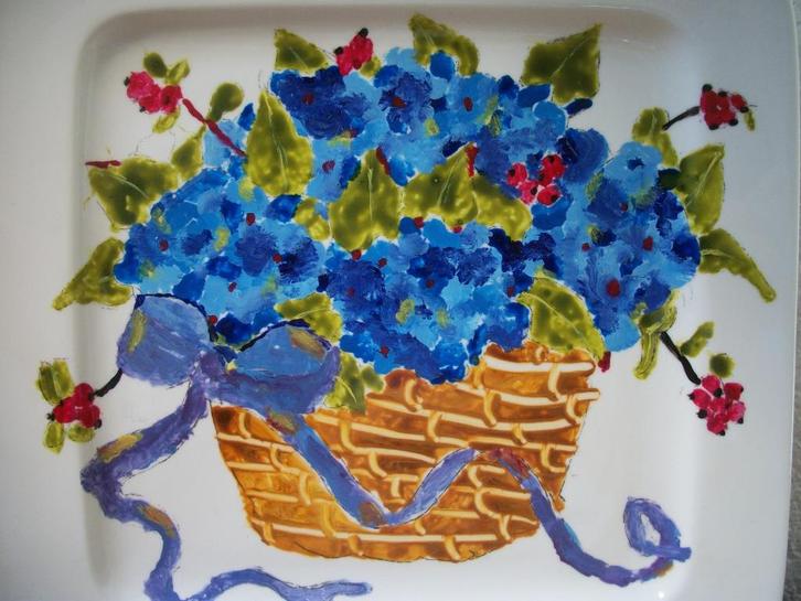 Decoratie bord - Mand met Hortensia's - Blauw - nieuw, Huis en Inrichting, Woonaccessoires | Overige, Nieuw, Ophalen of Verzenden