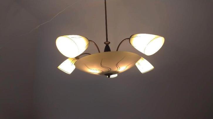 Vintage hanglamp met 5 kelken en schaal., Antiek en Kunst, Antiek | Lampen, Ophalen of Verzenden
