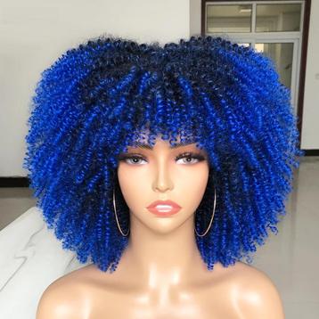 Blauwe Afro Pruik Vrouwen Krullen Haar Blauw Haarstuk Dames beschikbaar voor biedingen