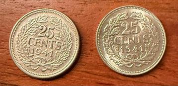 Nederland Wilhelmina 25 Cent 1941 en 1941P beschikbaar voor biedingen