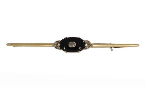 Art Deco roos diamanten onyx 14k gouden staaf broche antiek, Sieraden, Tassen en Uiterlijk, Antieke sieraden, Broche, Goud, Met edelsteen