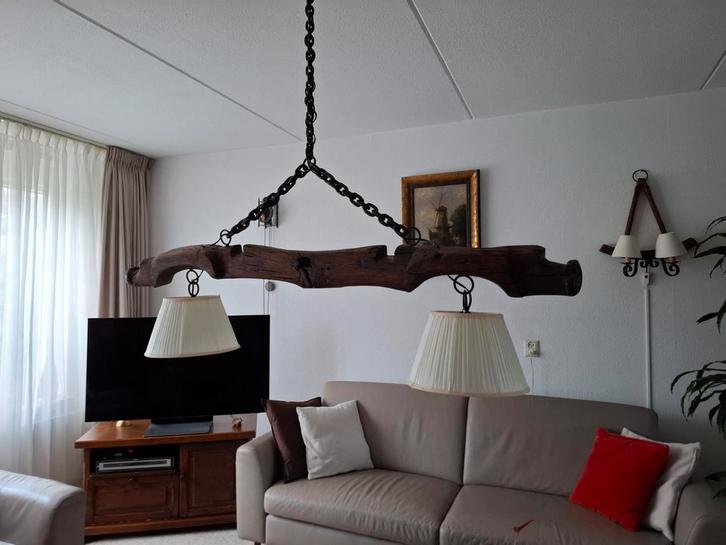 Ossenjuk Lamp - Decoratief en Uniek, Huis en Inrichting, Lampen | Hanglampen, Gebruikt, 75 cm of meer, Hout, Metaal, Stof, Ophalen