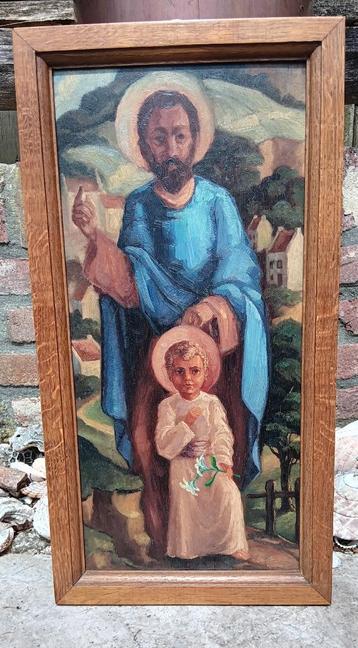 Antiek olieverf op paneel Sint Jozef met kindje Jezus beschikbaar voor biedingen