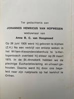 van Hofwegen - van Hoogmoed 1905 Alphen ZH 1975 Den Bosch, Verzamelen, Bidprentjes en Rouwkaarten, Ophalen of Verzenden