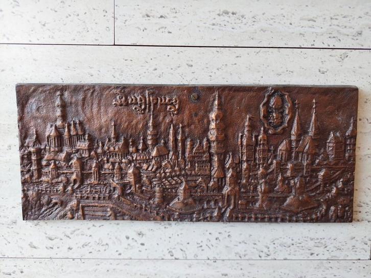 Bronze plaquette wans sculptuur reliëf stadsgezicht, Antiek en Kunst, Antiek | Wandborden en Tegels, Ophalen of Verzenden