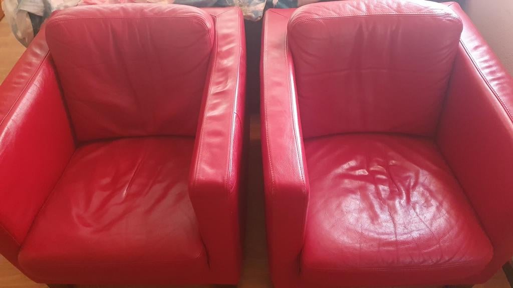 Twee leren fauteuils, Gebruikt, Ophalen of Verzenden, 50 tot 75 cm, Leer