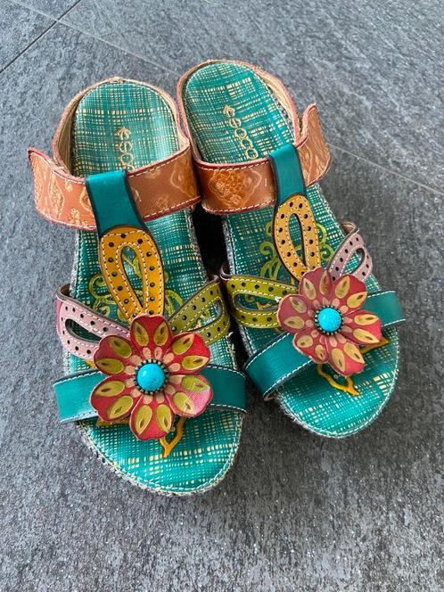 Vrolijke leren boho slippers met hakje Socofy maat 36 nieuw, Kleding | Dames, Schoenen, Zo goed als nieuw, Slippers, Overige kleuren