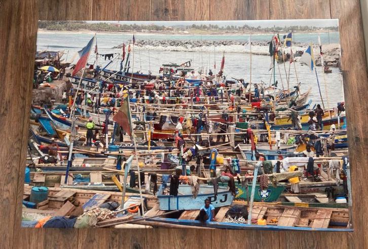 Prachtig canvas schilderij kleurrijke haven vissersboten., Antiek en Kunst, Kunst | Schilderijen | Abstract, Ophalen of Verzenden