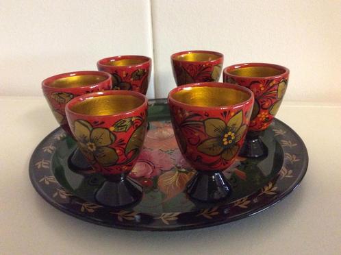 Chochloma  6x wodka houten glaasjes en 3 x lepel, Huis en Inrichting, Keuken | Servies, Bord(en), Overige stijlen, Ophalen of Verzenden