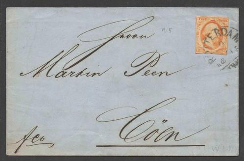 Nr 3 op Brief van Rotterdam naar Koln met Halfrondstempel, Postzegels en Munten, Brieven en Enveloppen | Nederland, Brief, Ophalen of Verzenden