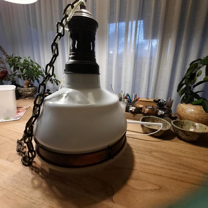 Authentieke Koperen Kerk Lamp met Matglas, Huis en Inrichting, Lampen | Hanglampen, Gebruikt, 50 tot 75 cm, Glas, Metaal, Ophalen