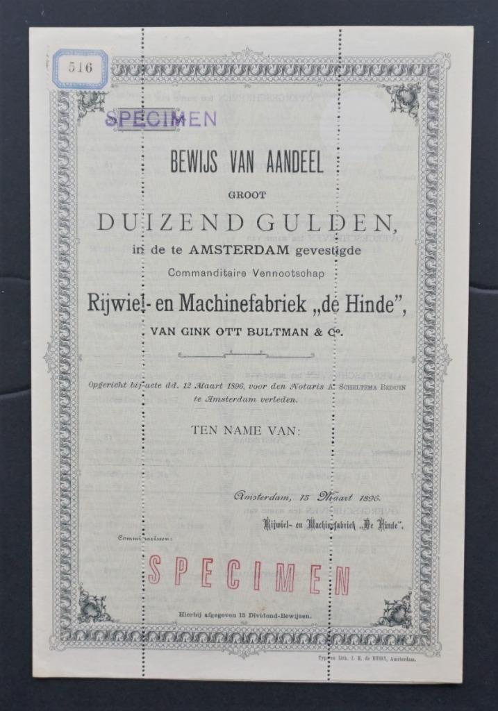 Rijwiel- en Machinefabr. "De Hinde"van Gink Ott Bultman & Co, Postzegels en Munten, Aandelen en Waardepapieren, Aandeel, Voor 1920