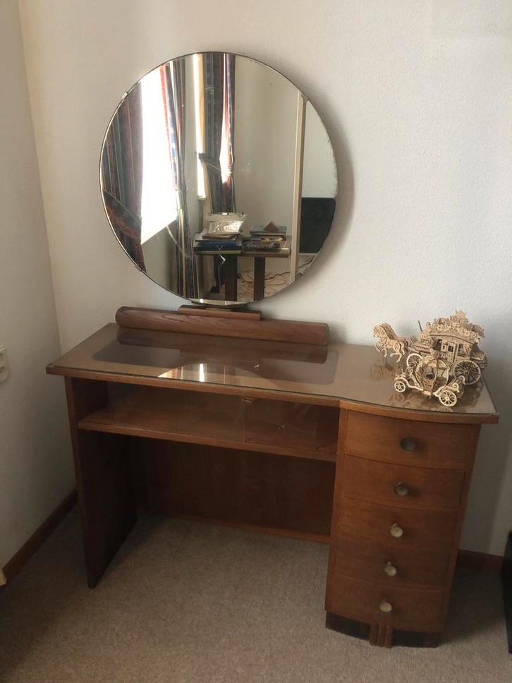 Antieke klaptafel met spiegel en lades, Huis en Inrichting, Tafels | Kaptafels, Gebruikt, Minder dan 100 cm, 50 tot 100 cm, Hout