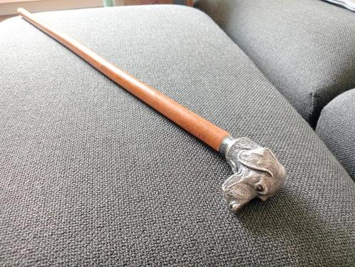 Antieke wandelstok met zilveren hondenkop 85cm, Antiek en Kunst, Antiek | Goud en Zilver, Zilver, Ophalen