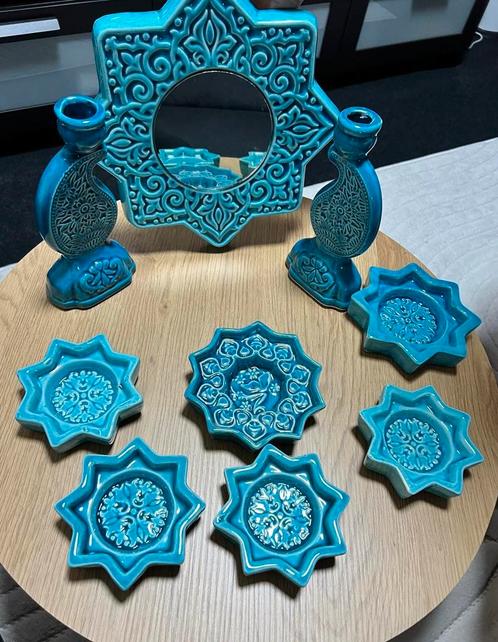 Handgemaakte decoratieve set – 9-delig – turquoise keramiek, Antiek en Kunst, Antiek | Keramiek en Aardewerk, Ophalen of Verzenden