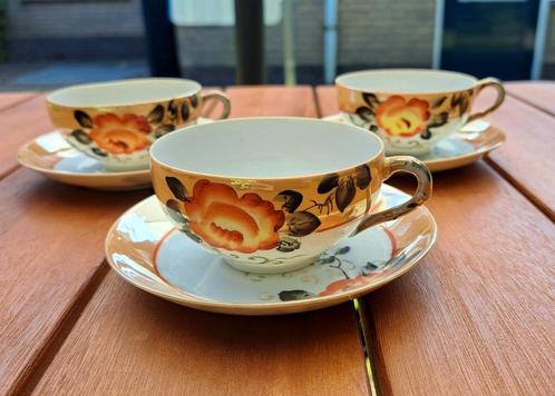 3 kop en schotel Japans eierschaal porselein Kutani gemerkt, Antiek en Kunst, Antiek | Servies los, Ophalen