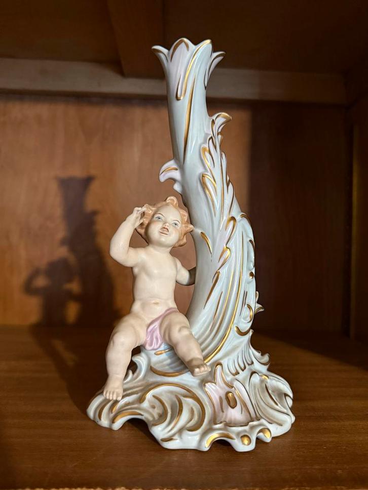 Vintage ALKA Kunst Dresden Porseleinen Kandelaar met Cupido, Antiek en Kunst, Antiek | Keramiek en Aardewerk, Ophalen of Verzenden