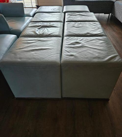 Banken set, bankstel, poef en stoelen; lichtblauw leer, Huis en Inrichting, Banken | Bankstellen, Gebruikt, Rechte bank, Overige maten