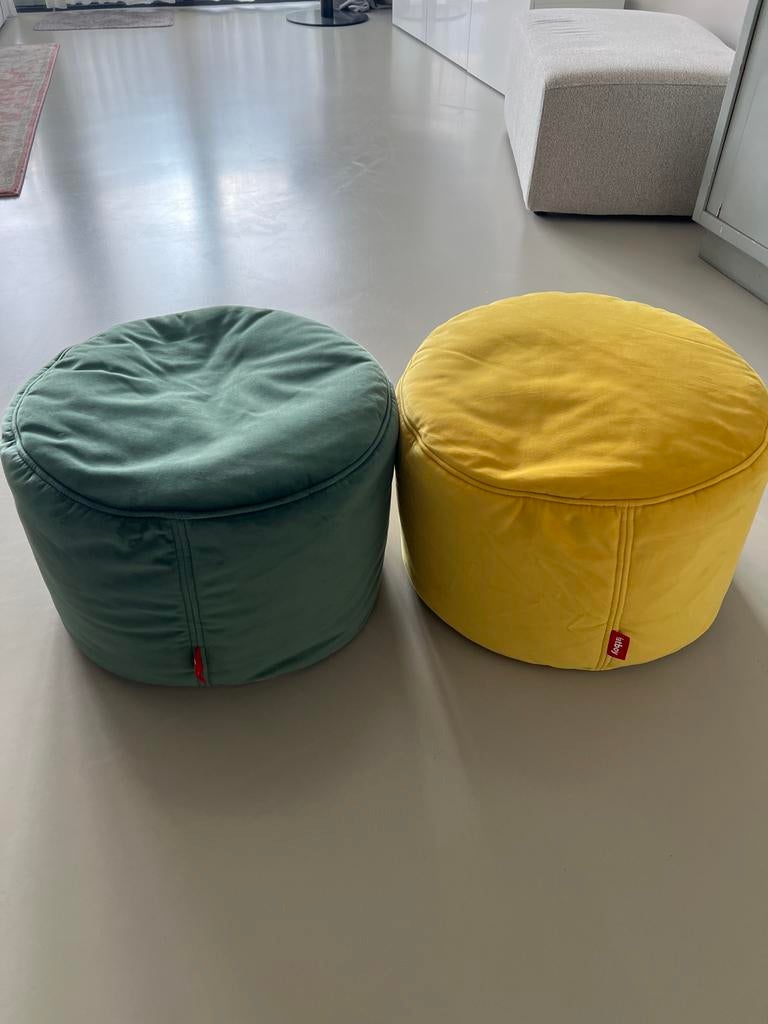Twee Fatboy Poufs - Groen en Geel, Ophalen, Rond, Zo goed als nieuw, Stof