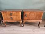 Set vintage hout fineer nachtkastjes Queen Ann poten, Minder dan 45 cm, Gebruikt, Minder dan 55 cm, Hout