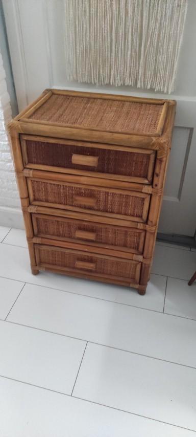 Vintage ladekast rotan hout bamboe, Huis en Inrichting, Kasten | Ladekasten, Gebruikt, Minder dan 100 cm, 50 tot 100 cm, 25 tot 50 cm