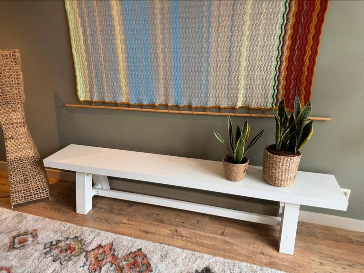 Witte robuuste houten lange zitbank of lange tafel, Huis en Inrichting, Kasten | Dressoirs, Zo goed als nieuw, Minder dan 50 cm
