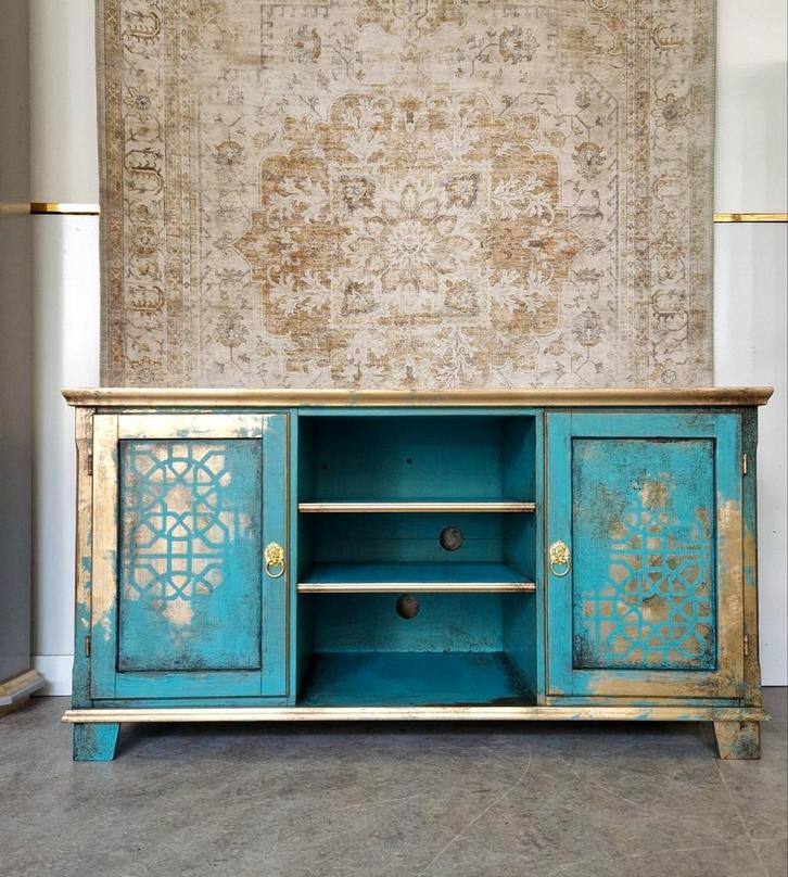 Uniek handgeschilderd dressoir – turquoise & goud, Huis en Inrichting, Kasten | Dressoirs, Zo goed als nieuw, 25 tot 50 cm, Ophalen