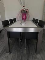 Moderne eettafel RVS + 6 stoelen GRATIS (ivm verhuizing), Ophalen, 200 cm of meer, 50 tot 100 cm, Zo goed als nieuw
