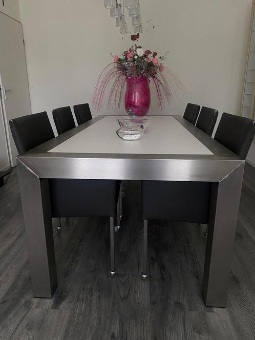 Moderne eettafel RVS + 6 stoelen GRATIS (ivm verhuizing), Huis en Inrichting, Tafels | Eettafels, Zo goed als nieuw, 50 tot 100 cm