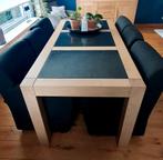 Houten eettafel met zwarte inleg en 6 stoelen, Huis en Inrichting, Tafels | Eettafels, Ophalen, Gebruikt, 200 cm of meer, 50 tot 100 cm