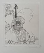 Exlibris O. Keleinikova, Uil in cello en muis, Antiek en Kunst, Kunst | Etsen en Gravures, Verzenden